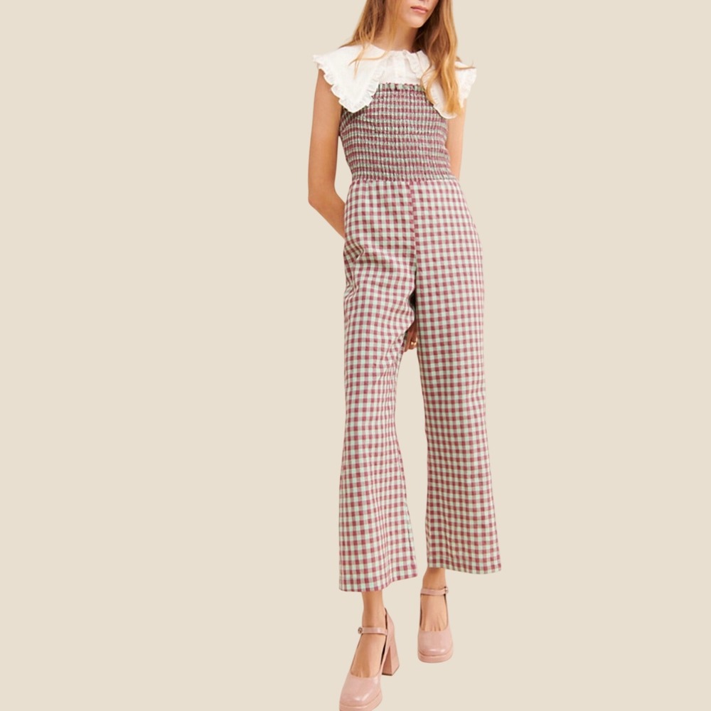 $165 Find Me Now Casi Purple/Mint Gingham Jumpsuit Smocked‎ Wide Leg Tank Top S